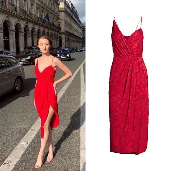 Monique Lhuillier Dress Foulard Asymmetric Floral Lace Midi Lipstick 4 NWT - Picture 1 of 7